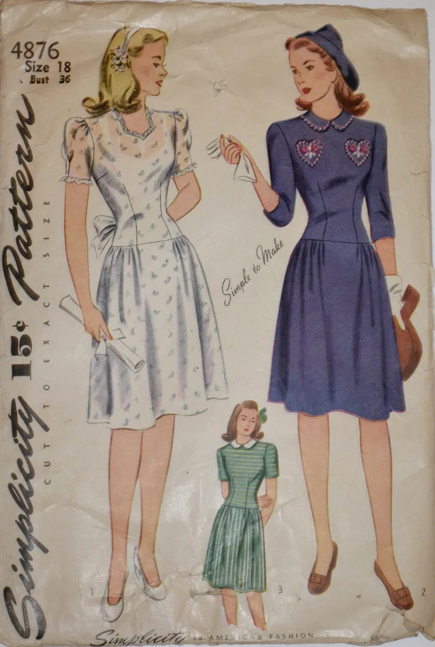 1944 Simplicity 4876 Vintage Dress Pattern WWII 36" Bust