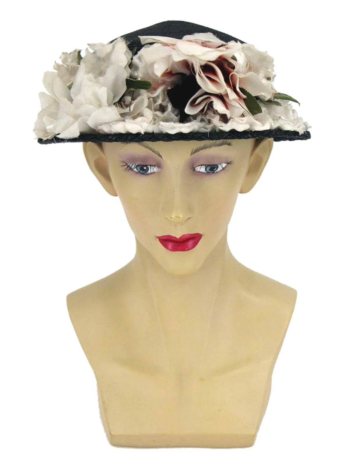 1950s Vintage Woven Black Floral Hat