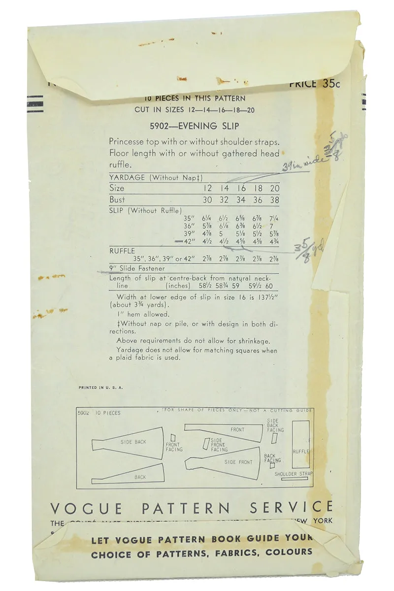 1950s Vogue 5902 Vintage Sewing Pattern for Evening Slip W Optional Ruffle