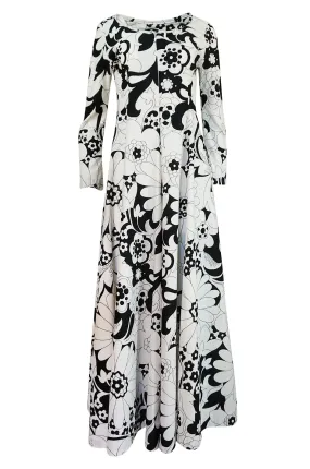 1960s Dynasty Graphic White & Black Floral Print Jersey Jumpsuit