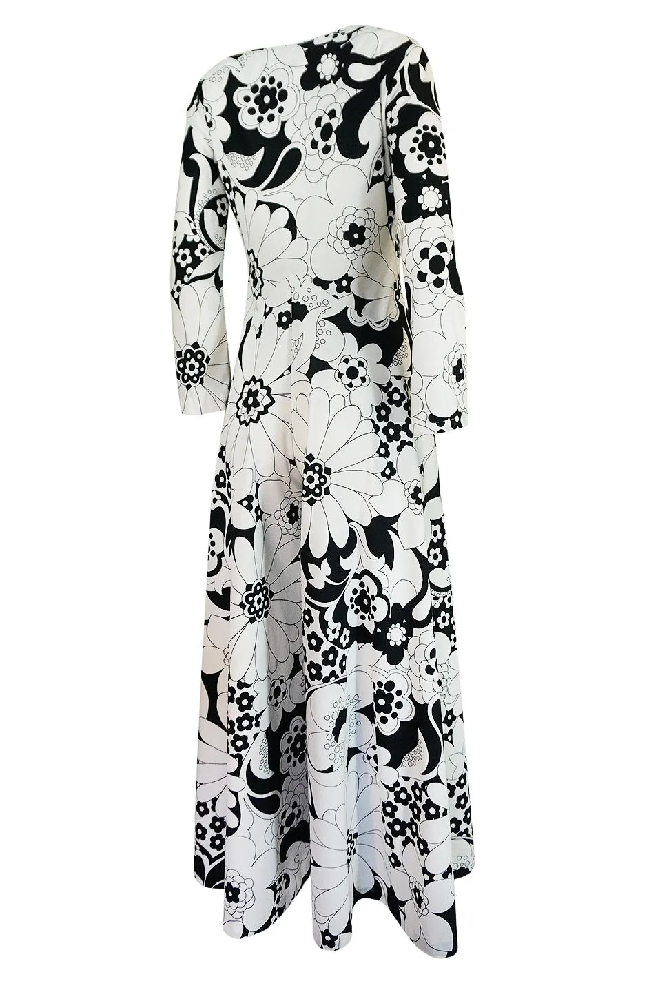 1960s Dynasty Graphic White & Black Floral Print Jersey Jumpsuit