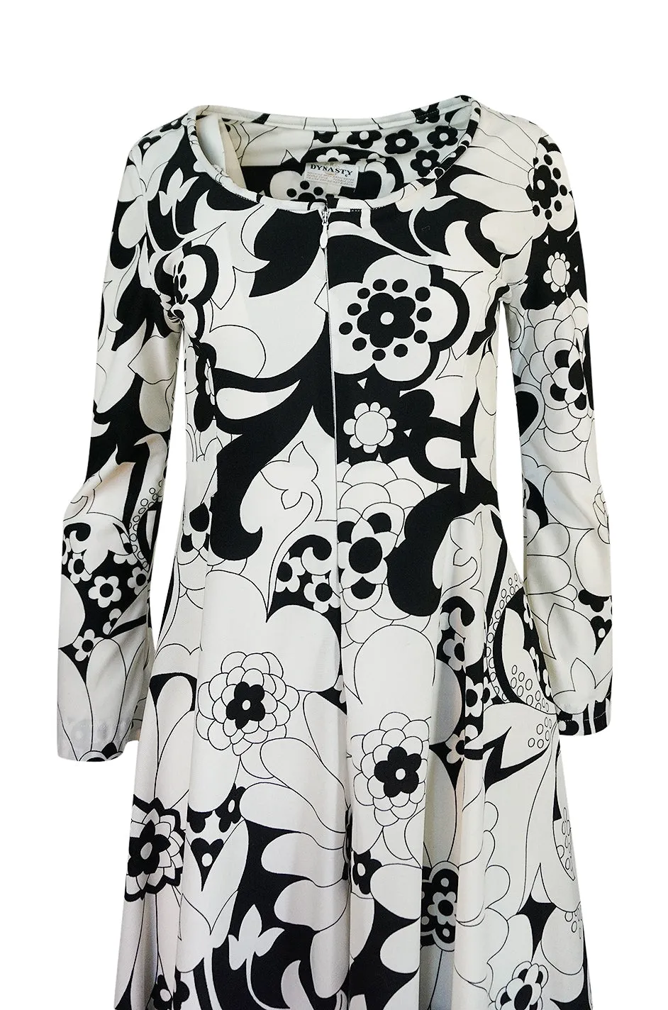 1960s Dynasty Graphic White & Black Floral Print Jersey Jumpsuit