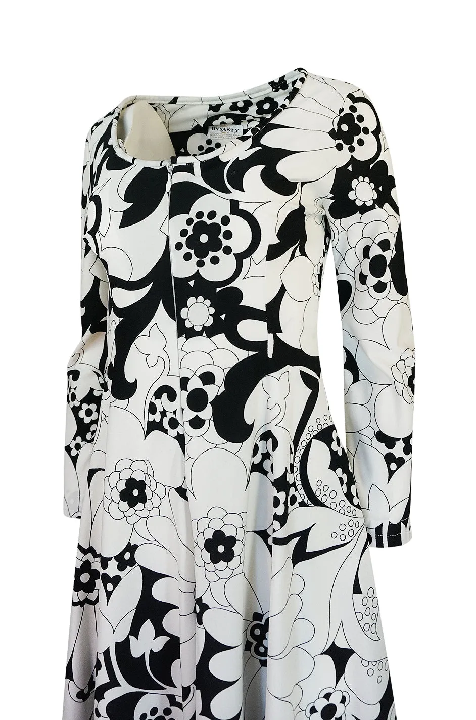 1960s Dynasty Graphic White & Black Floral Print Jersey Jumpsuit