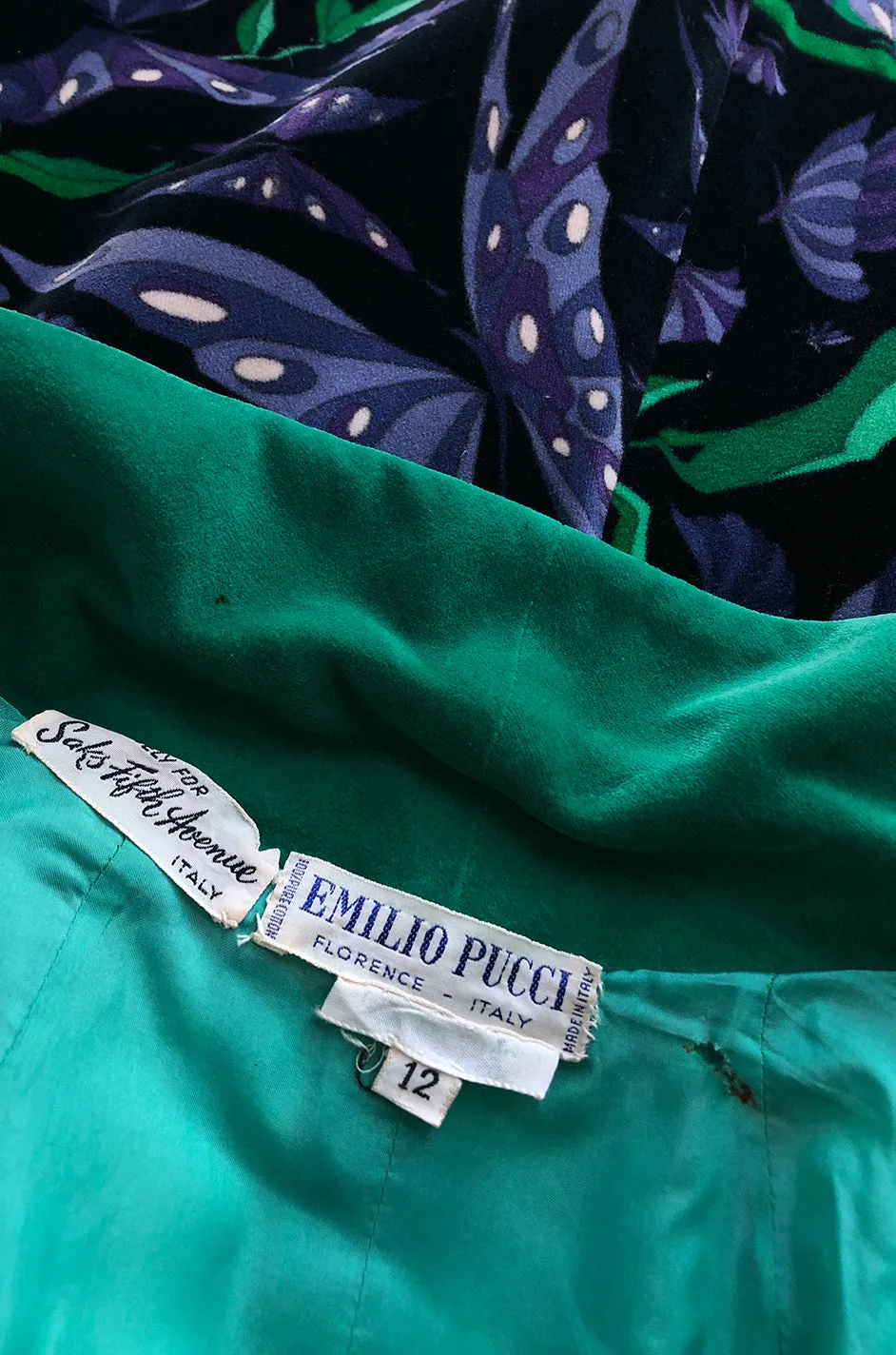 1960s Emilio Pucci Original Velvet Purple & Green Butterfly Print Jacket