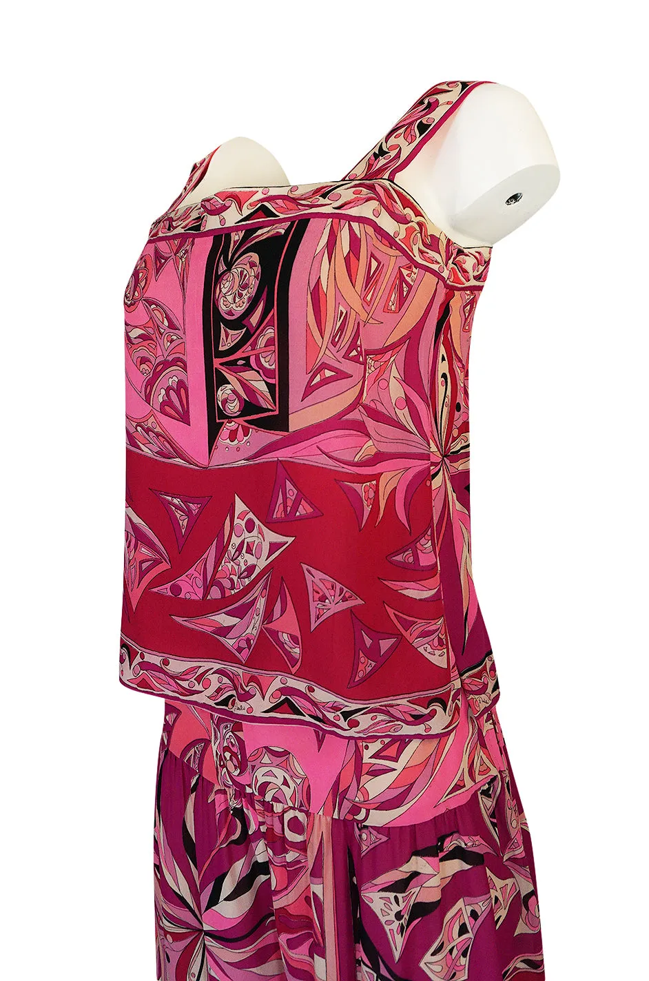 1960s Emilio Pucci Printed Pink Silk Sleeveless Top & Wide Legged Pant Set w Silk Belt