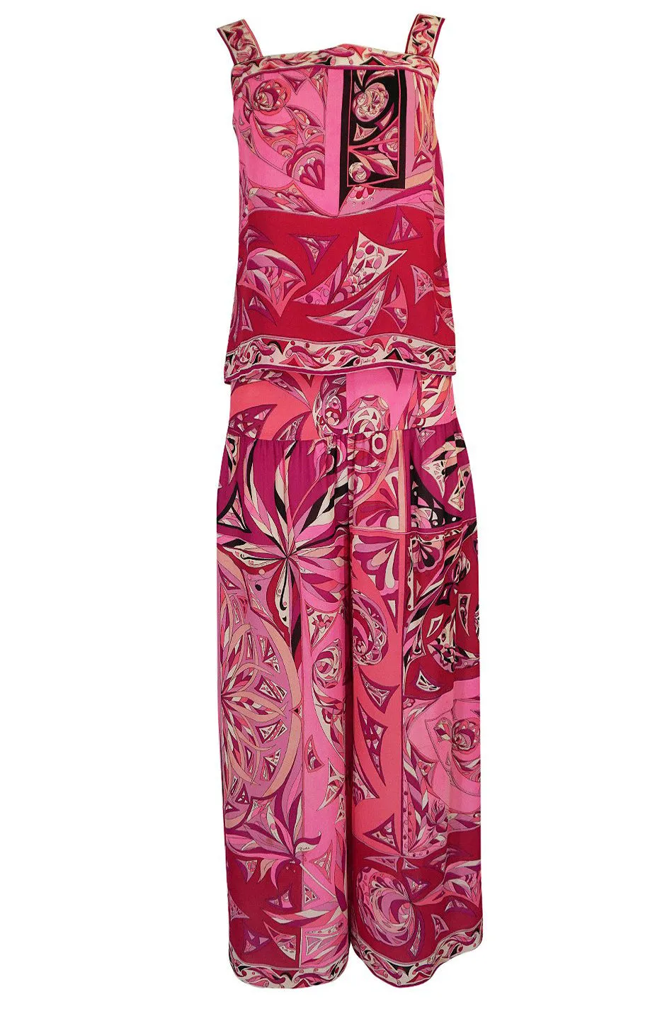 1960s Emilio Pucci Printed Pink Silk Sleeveless Top & Wide Legged Pant Set w Silk Belt