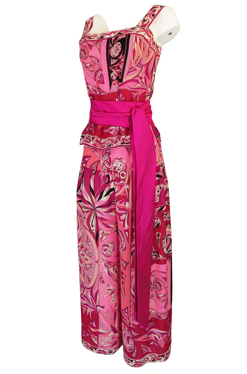 1960s Emilio Pucci Printed Pink Silk Sleeveless Top & Wide Legged Pant Set w Silk Belt