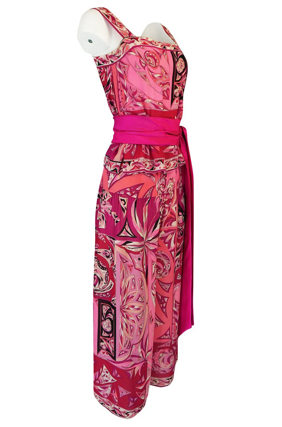 1960s Emilio Pucci Printed Pink Silk Sleeveless Top & Wide Legged Pant Set w Silk Belt