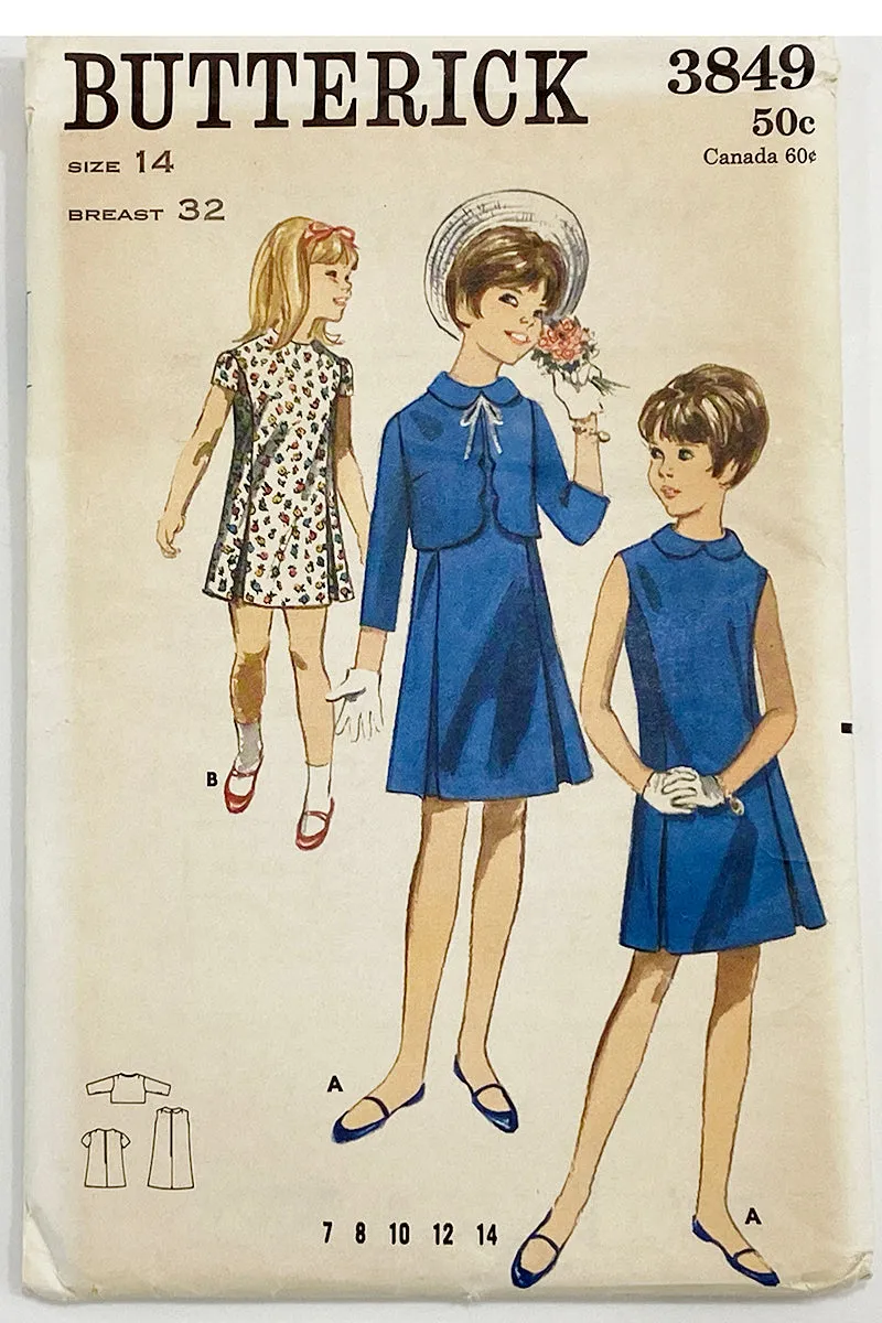 1965 Uncut Butterick 3849 Girls Vintage Dress & Jacket Sewing Pattern