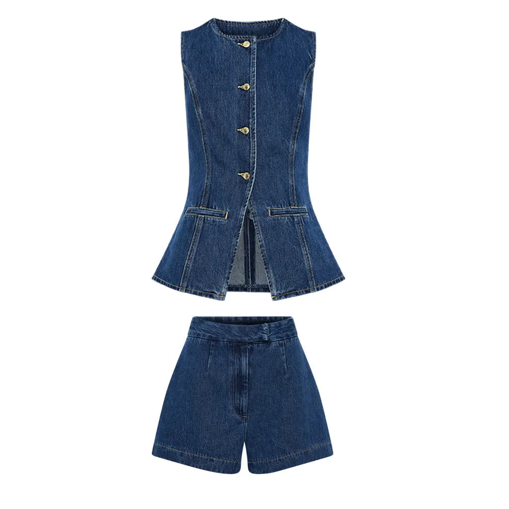 2024 Summer Foreign Trade Women’s AliExpress Back Vest Shorts Denim Slim Fit Two-Piece Set Suit