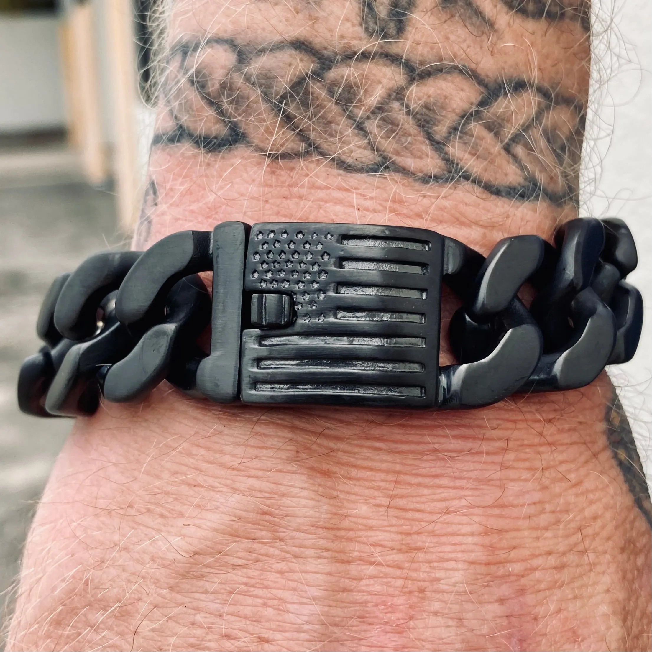 Bagger Bracelet - "EASY BIKER" - American Flag Black - 3/4" wide - B125