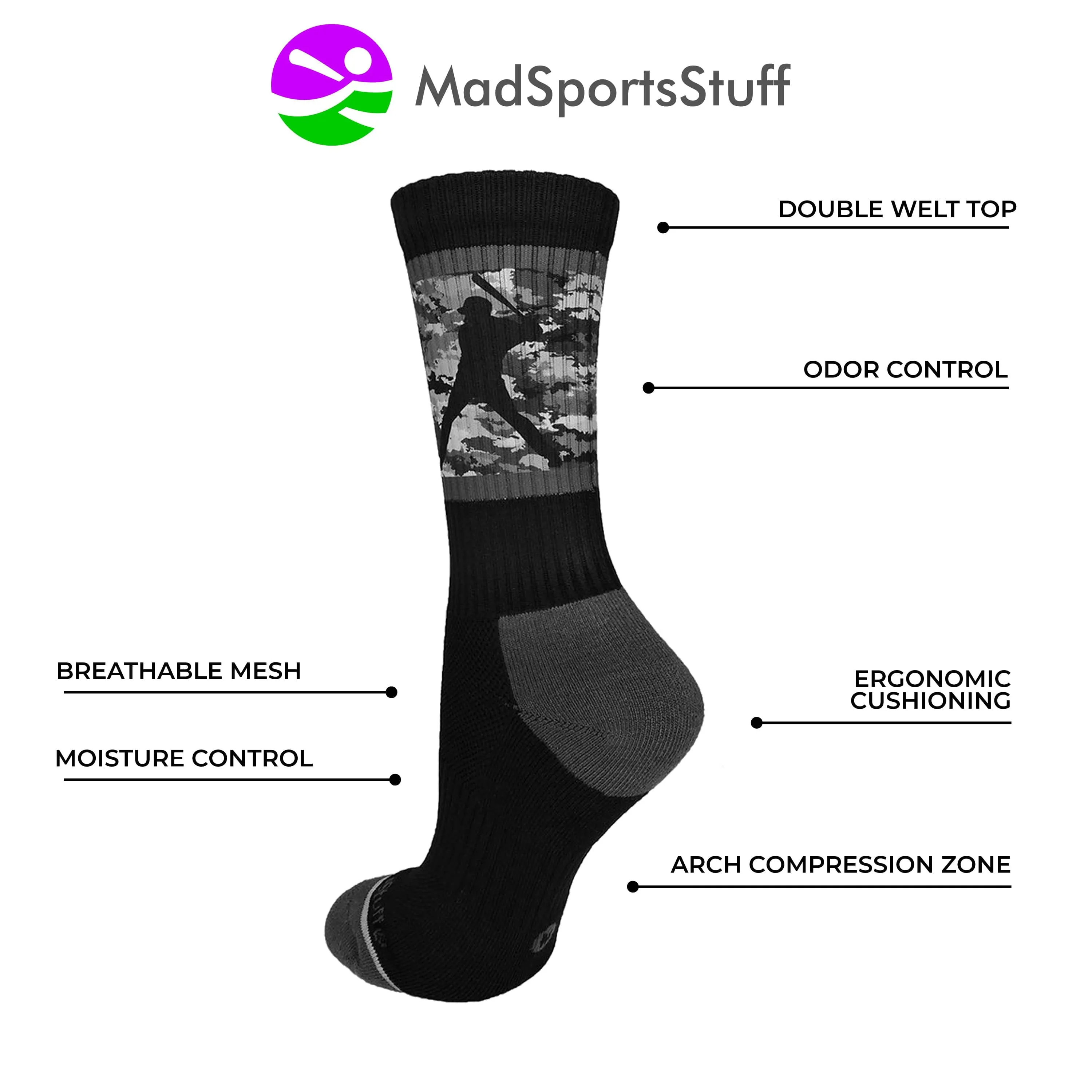 Baseball Socks with Player on Camo Background Crew