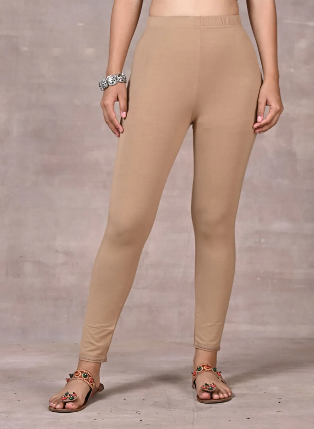 Beige Ankle Length Plain Legging