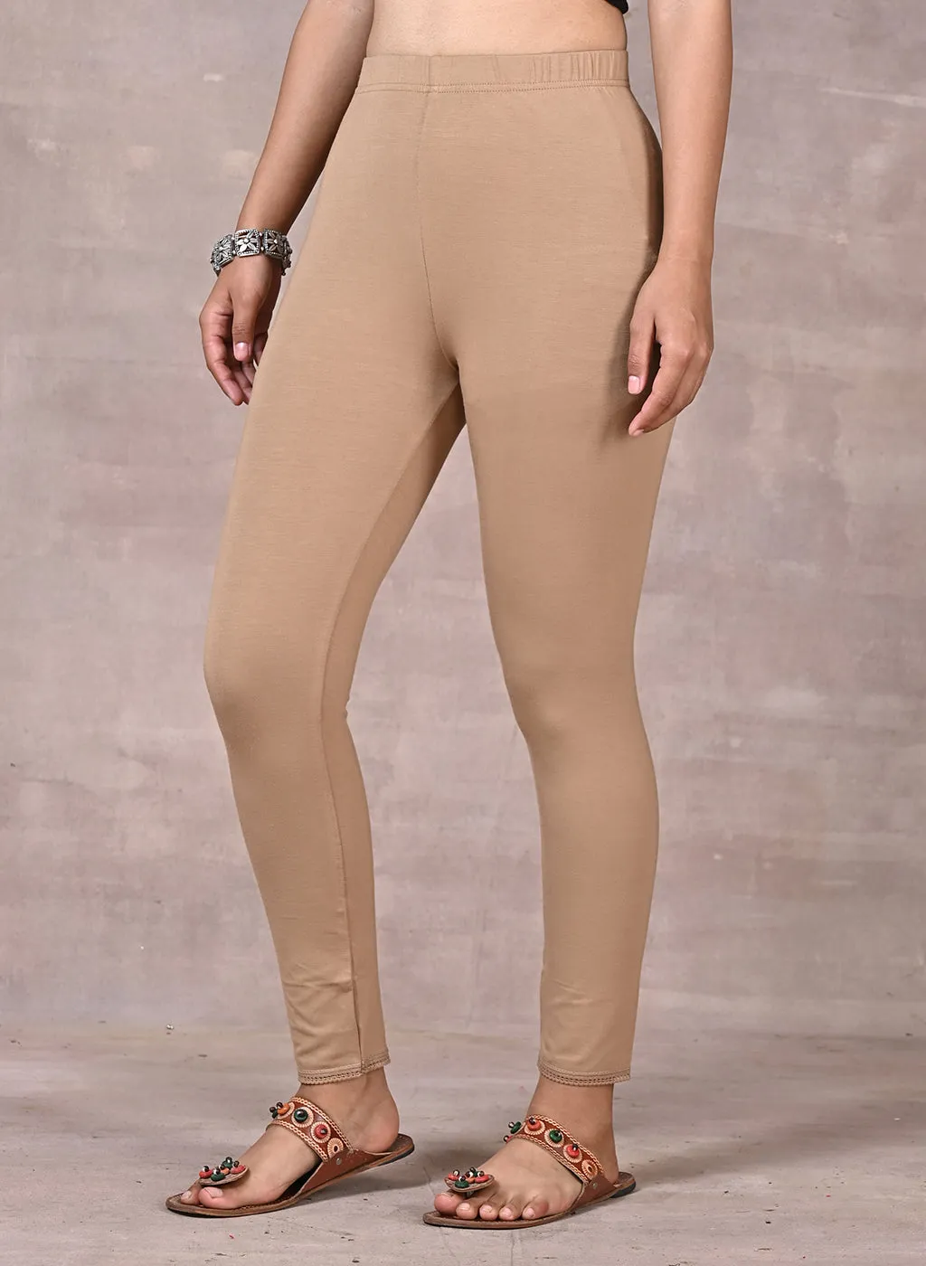 Beige Ankle Length Plain Legging