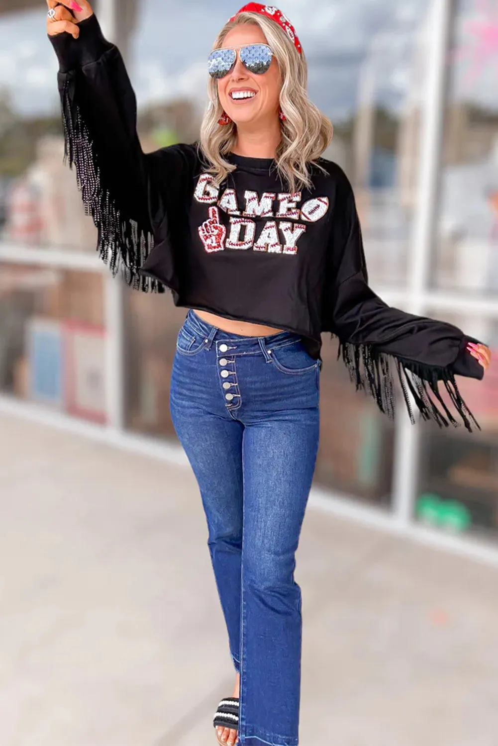 Black GAME DAY Rugby Sequined Tasseled Cropped Sweatshirt