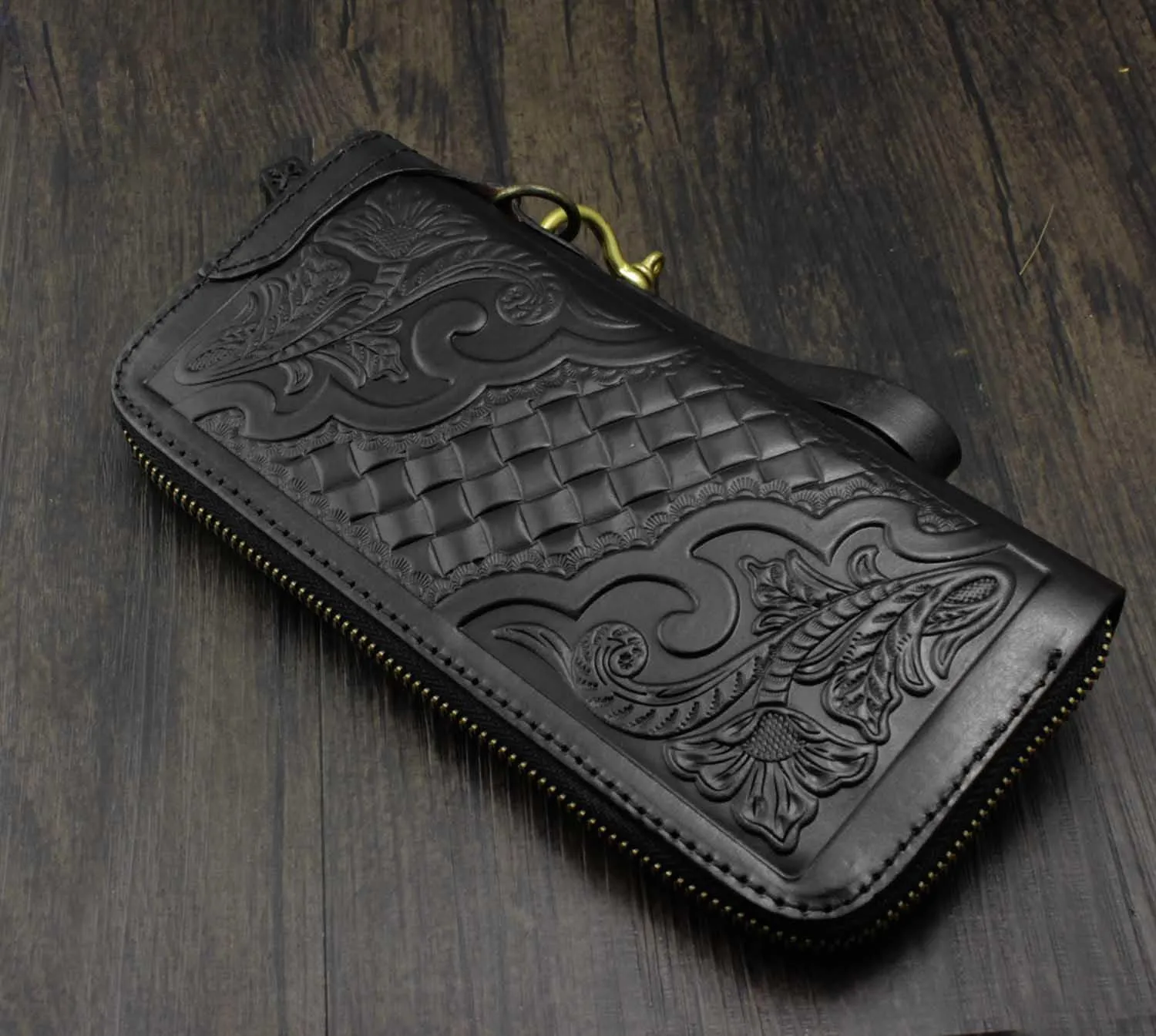 Black Tooled Leather Men's Zipper Long Wallet Biker Wallet Biker Chain Wallet For Men