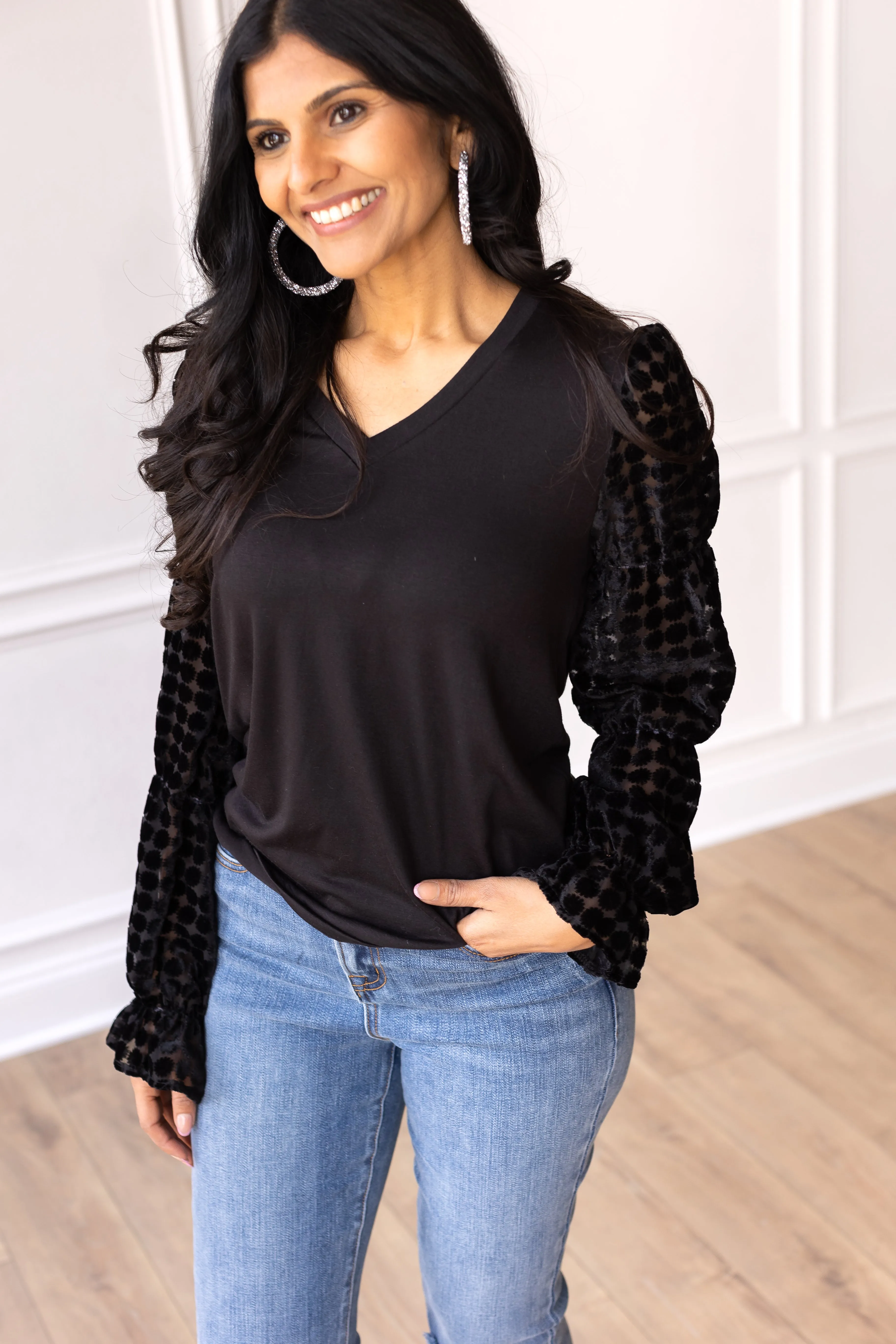 Black Top with Burnout Velvet Sleeves