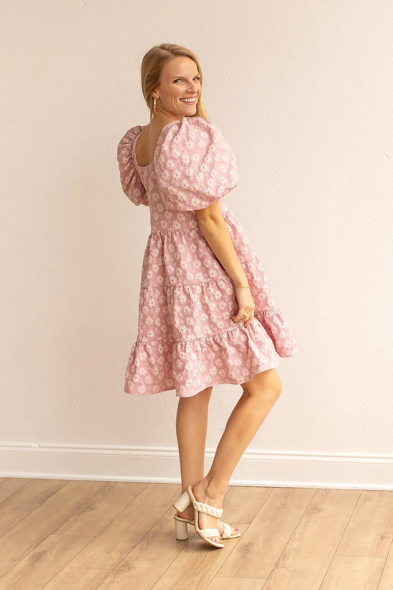 Botanical Blush Pink Floral Puff Dress