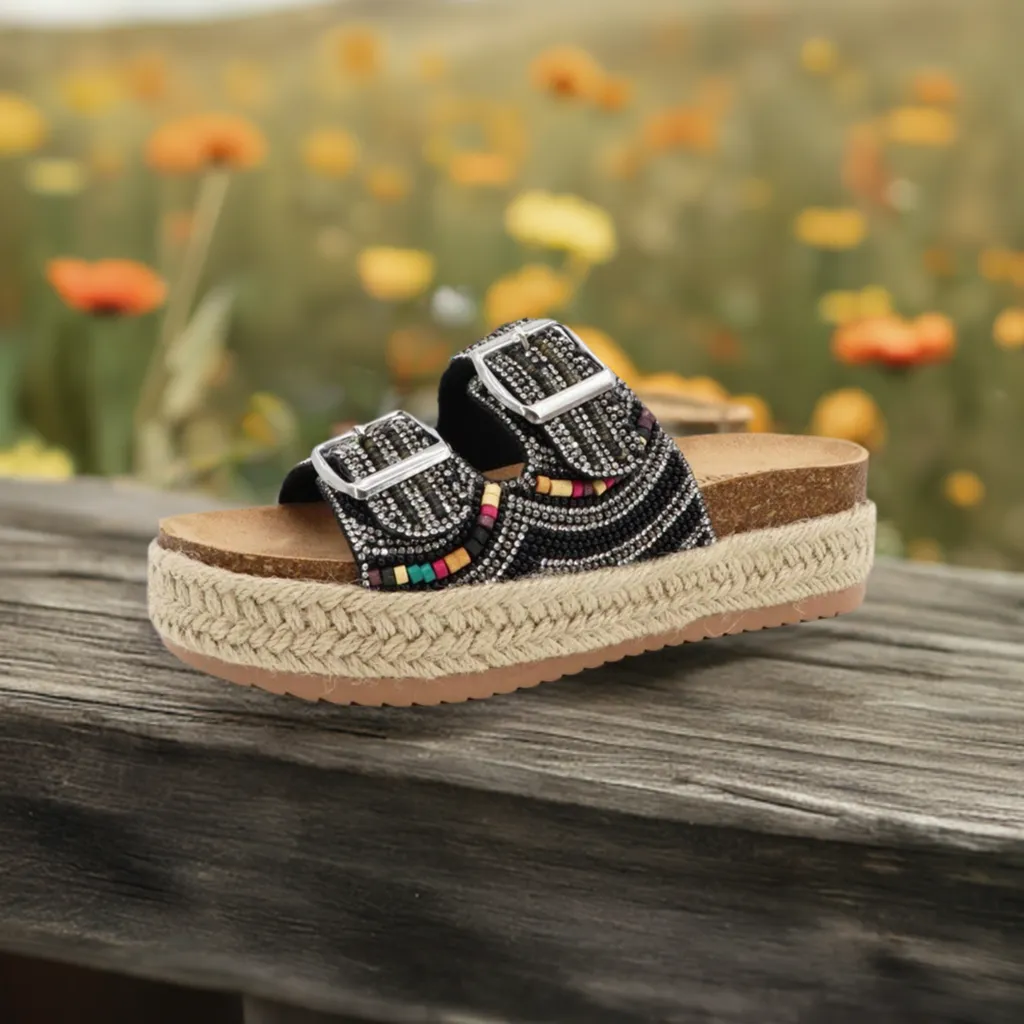 BRAKE-02 Black Beaded Sandal with Multicolor Bead Accents