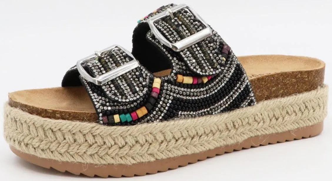 BRAKE-02 Black Beaded Sandal with Multicolor Bead Accents