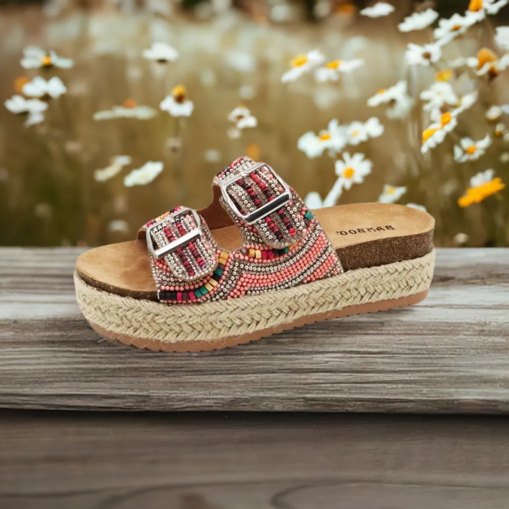 BRAKE-02 Pink Beaded Sandal with Multicolor Bead Accents