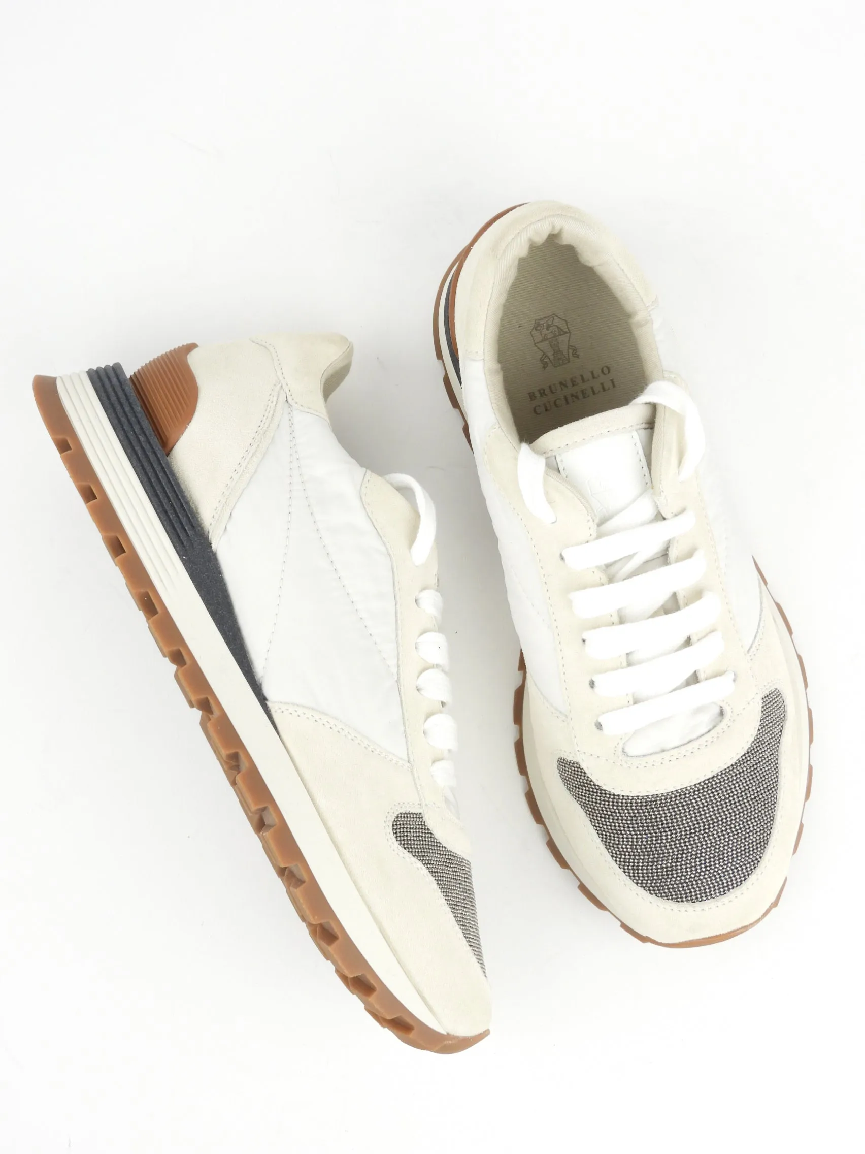 Brunello Cucinelli Off White Monili Bead Lace Up Running Shoes