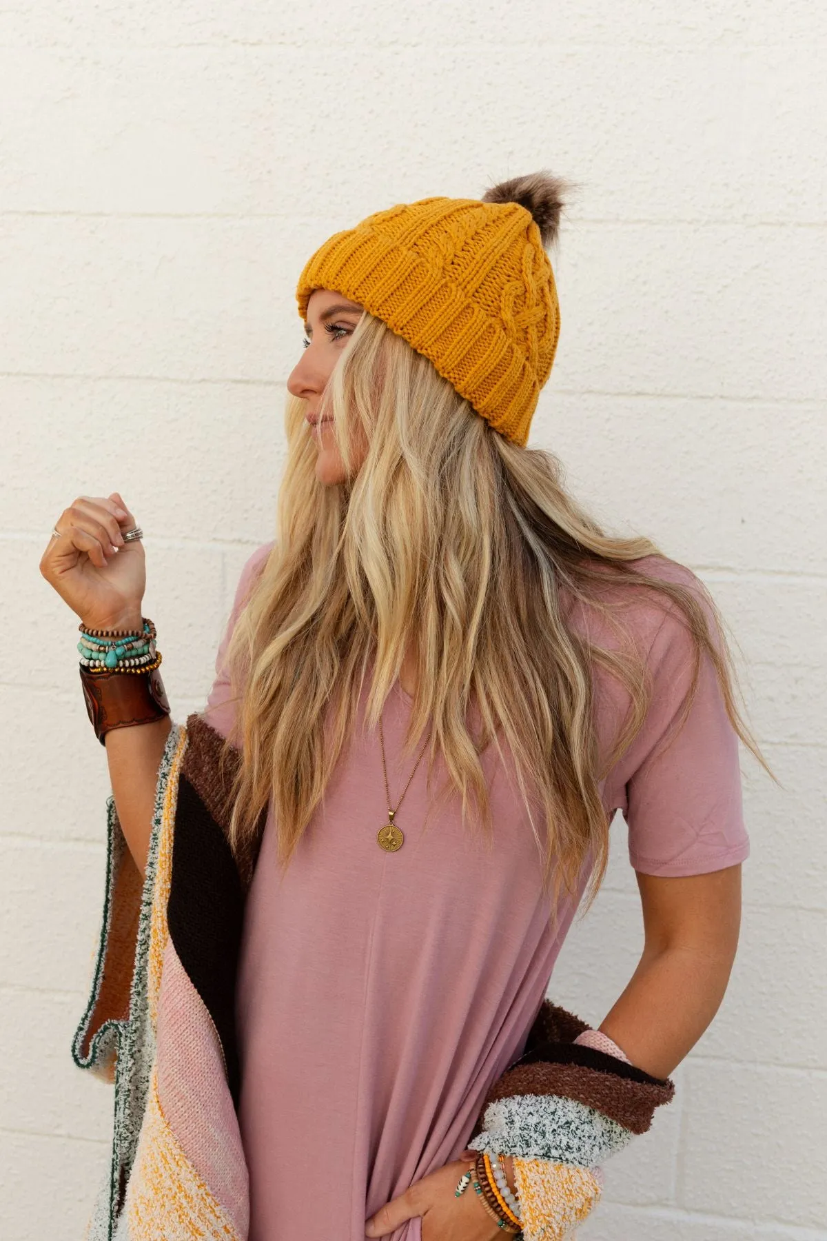 Cable Knit Faux Fur Pom Beanie - Mustard