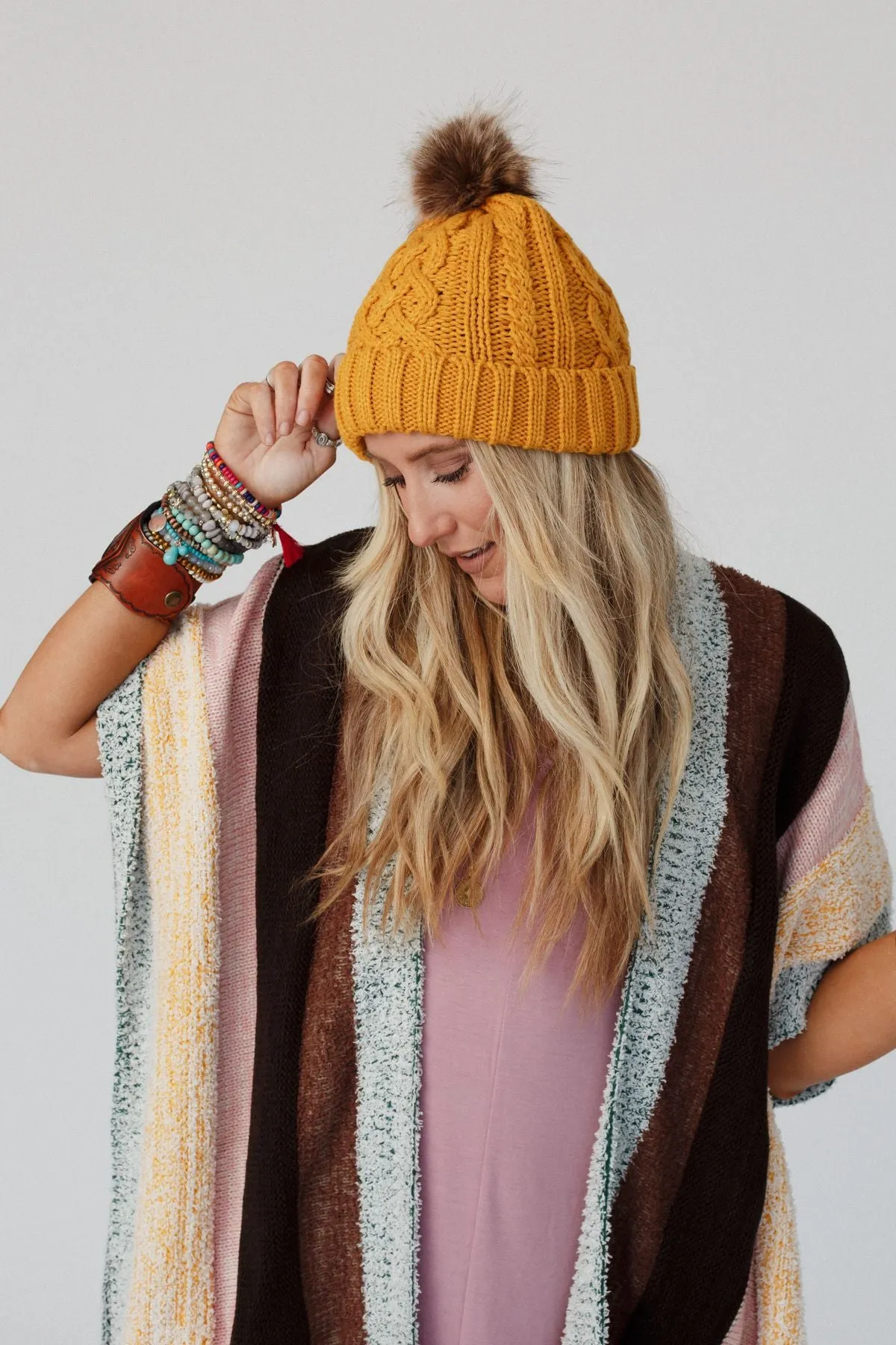 Cable Knit Faux Fur Pom Beanie - Mustard