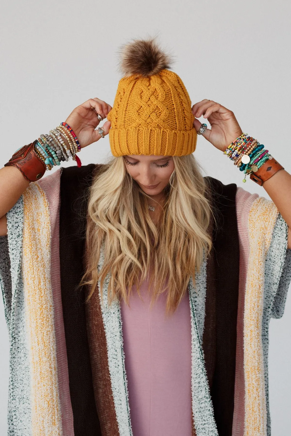 Cable Knit Faux Fur Pom Beanie - Mustard