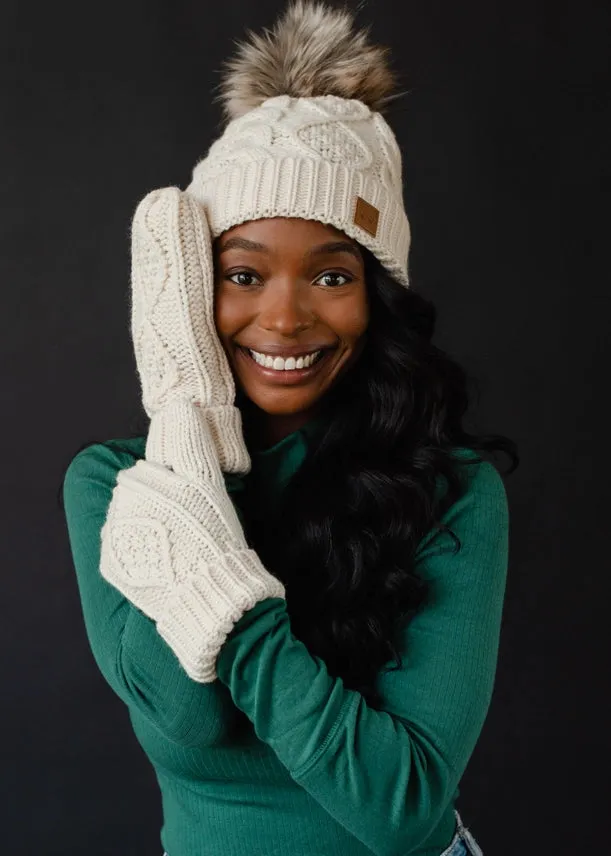 Cable Knit Pom Hat | Red, Beige