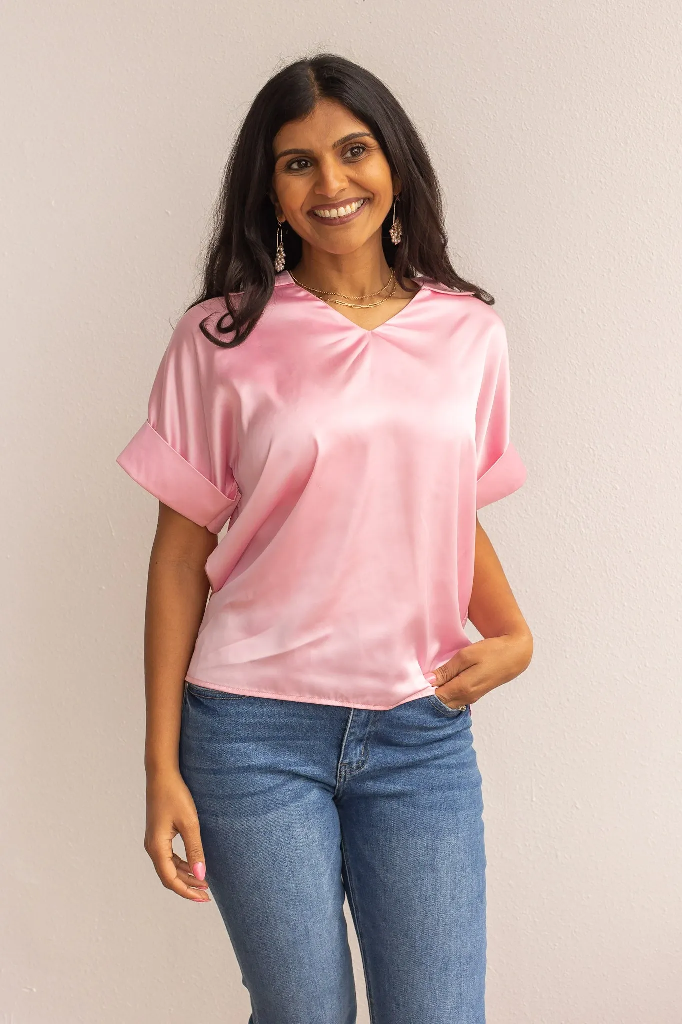 Cara Collared Top, Pink Satin