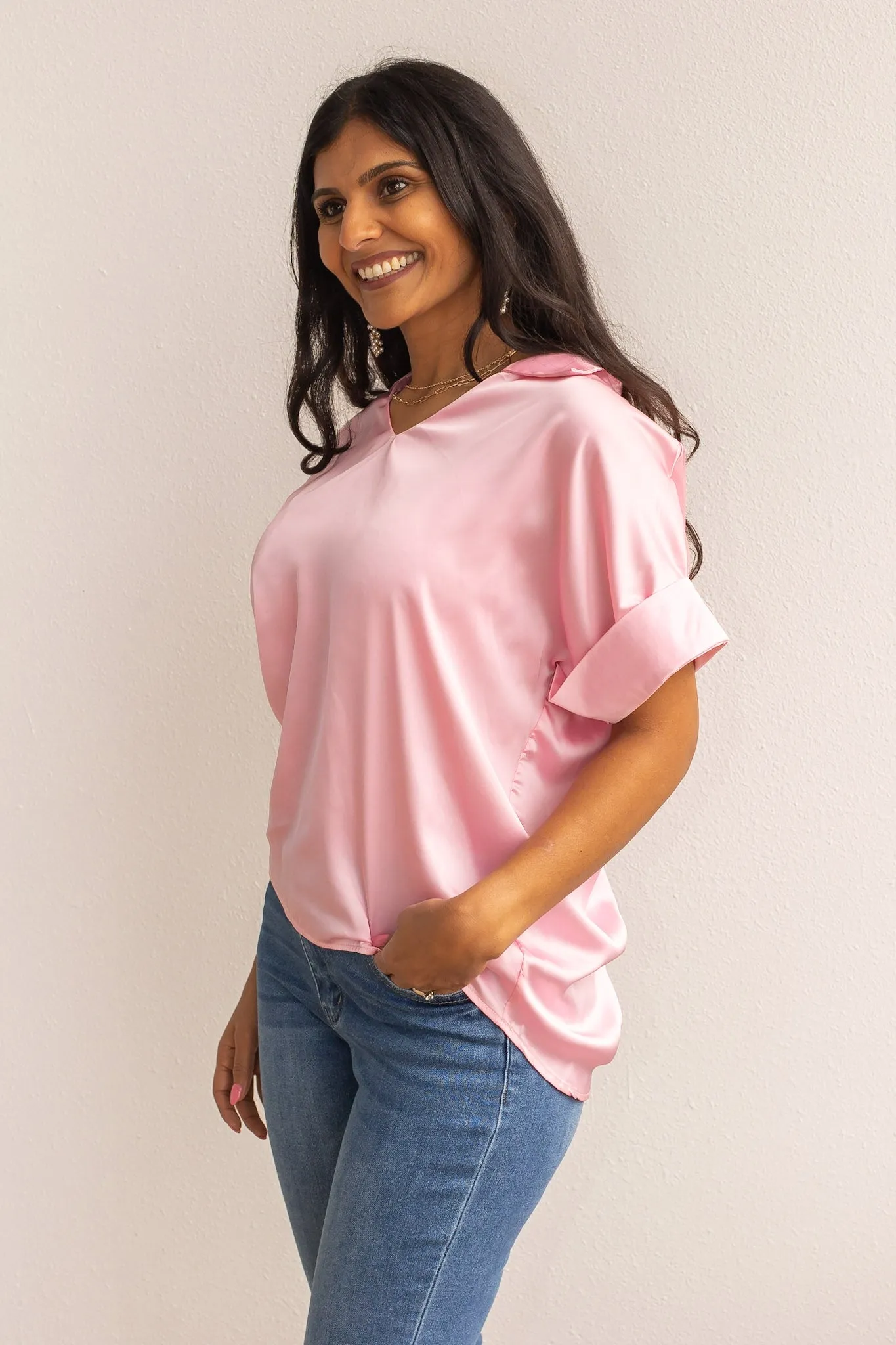 Cara Collared Top, Pink Satin