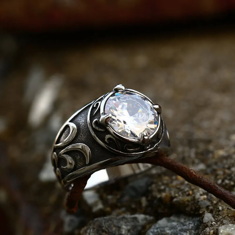 Carved Stainless Steel Gemstone Ring