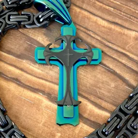 Cross - Risen Cross Black & Turquoise Pendant - Necklace - SLC830 CLEARANCE