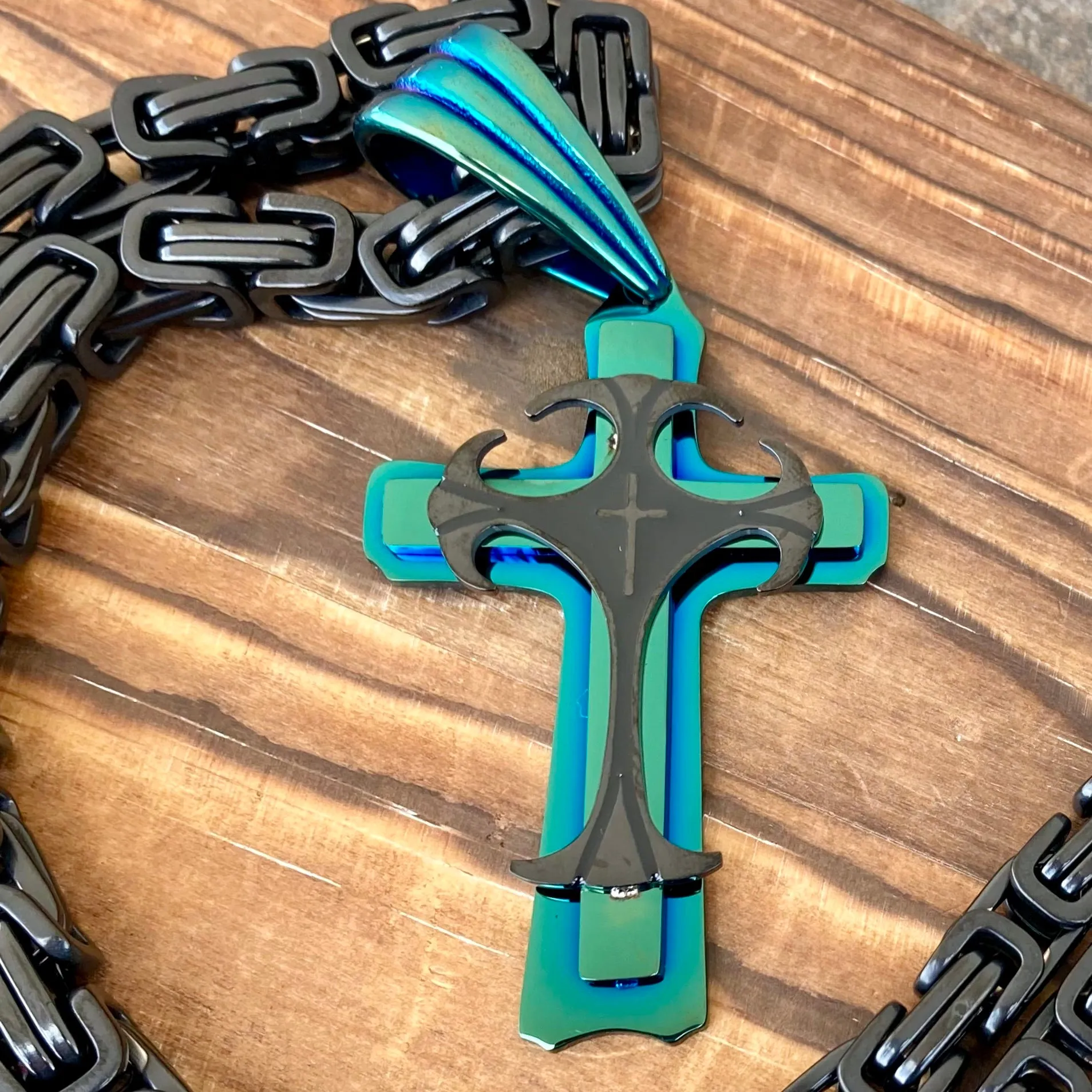 Cross - Risen Cross Black & Turquoise Pendant - Necklace - SLC830 CLEARANCE