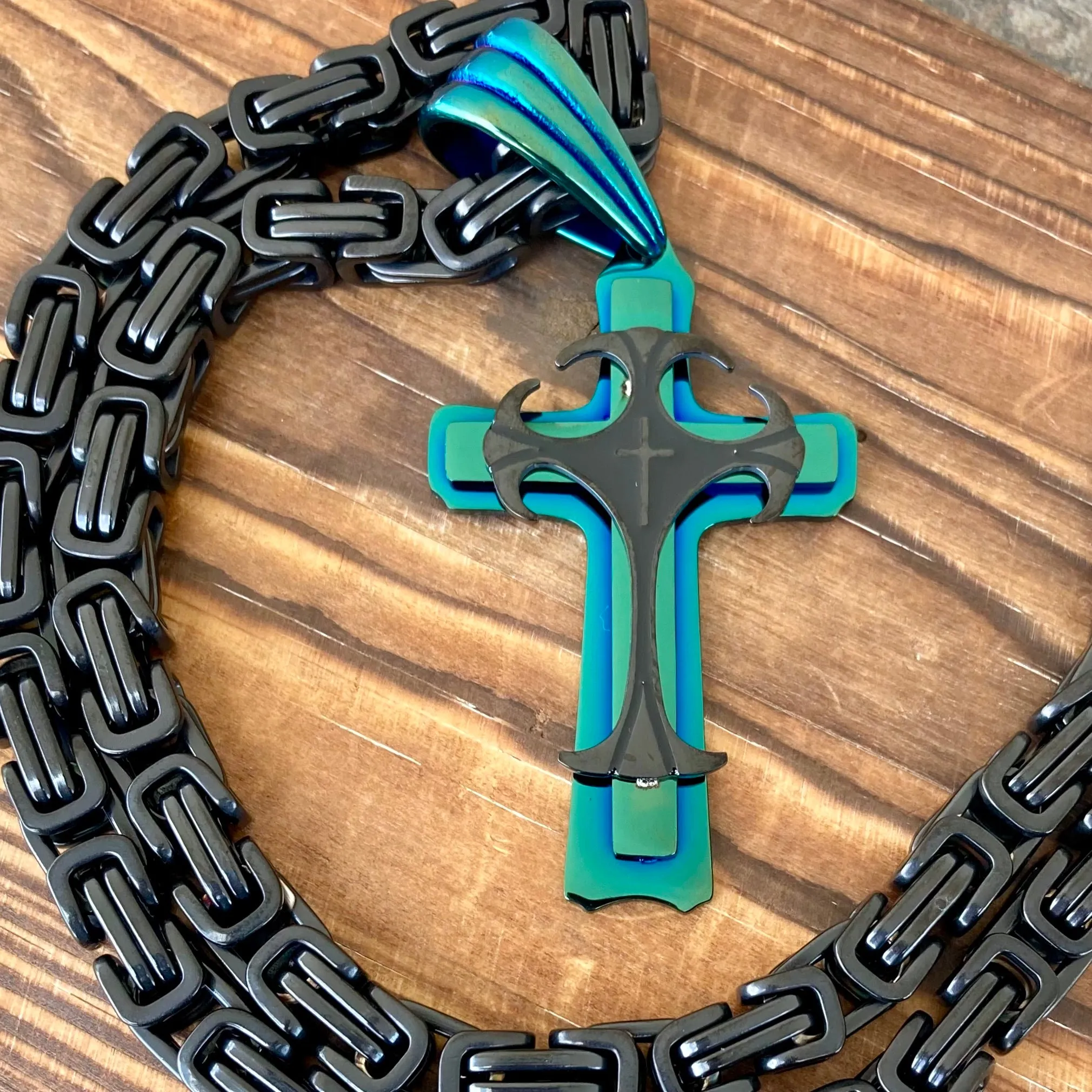 Cross - Risen Cross Black & Turquoise Pendant - Necklace - SLC830 CLEARANCE