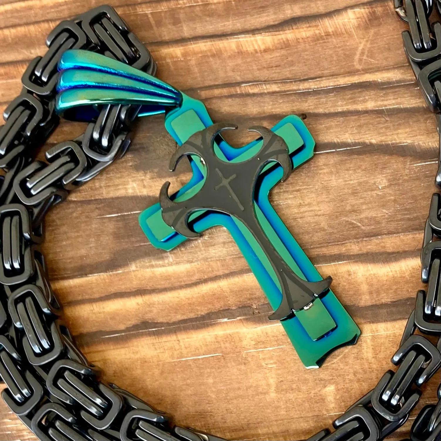 Cross - Risen Cross Black & Turquoise Pendant - Necklace - SLC830 CLEARANCE