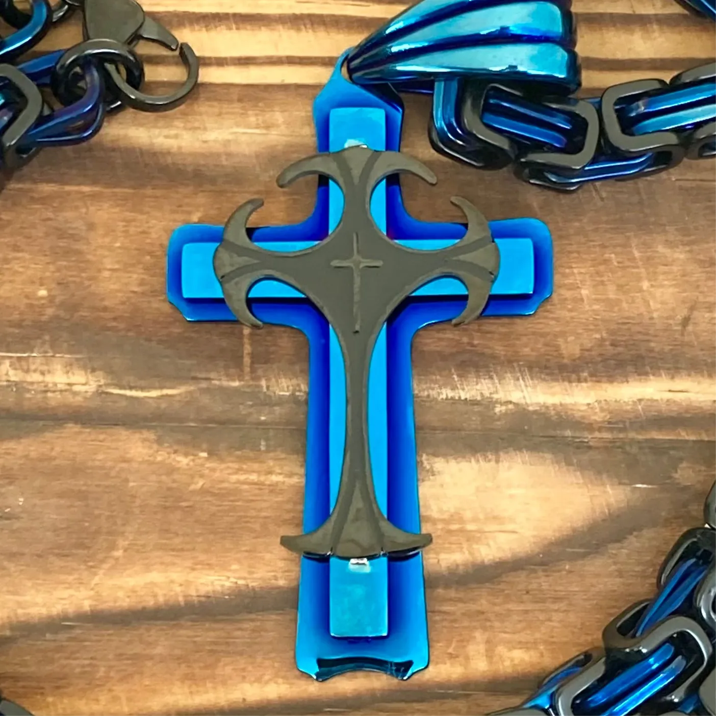 Cross - Risen Cross Blue & Black Pendant - Necklace - PEN821