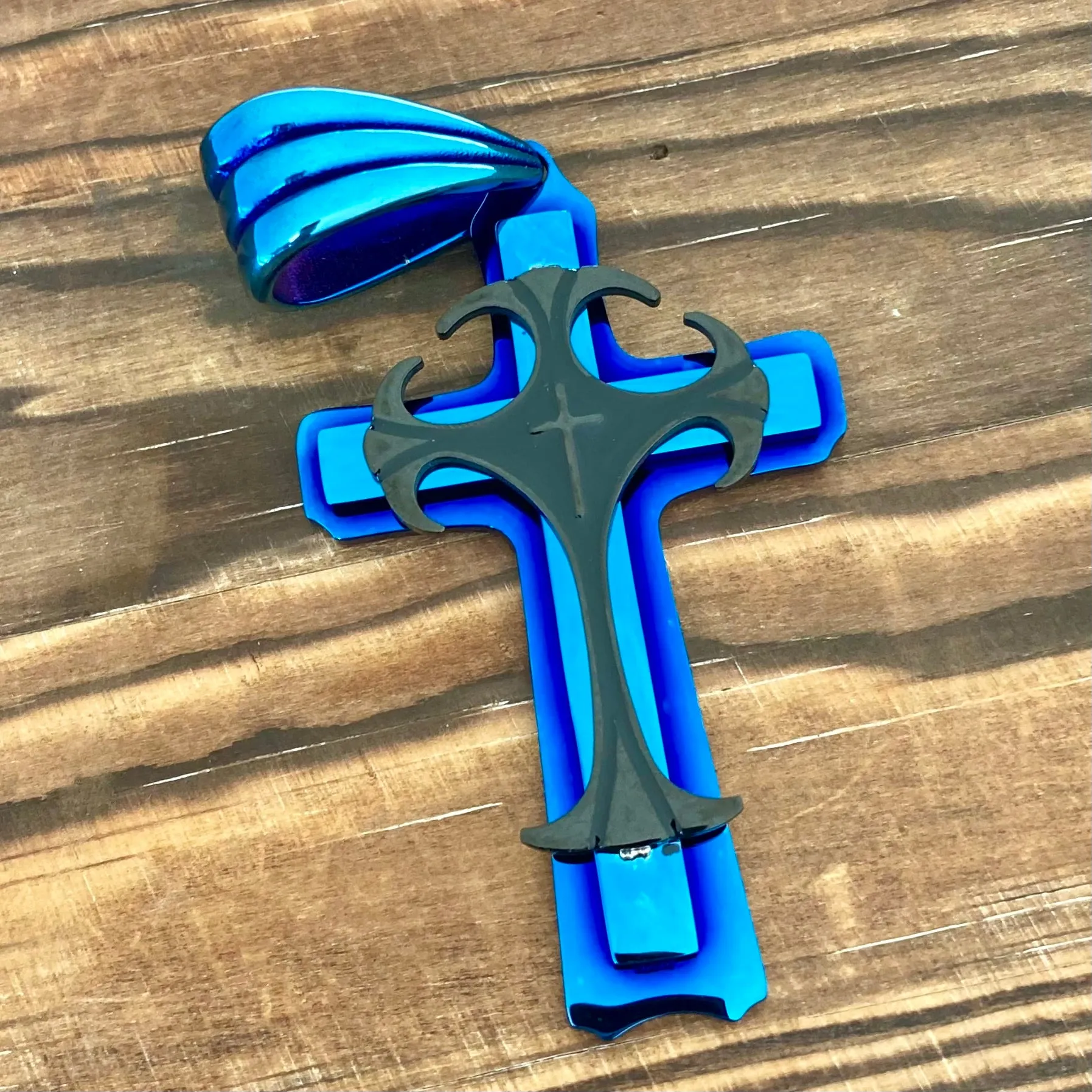 Cross - Risen Cross Blue & Black Pendant - Necklace - PEN821