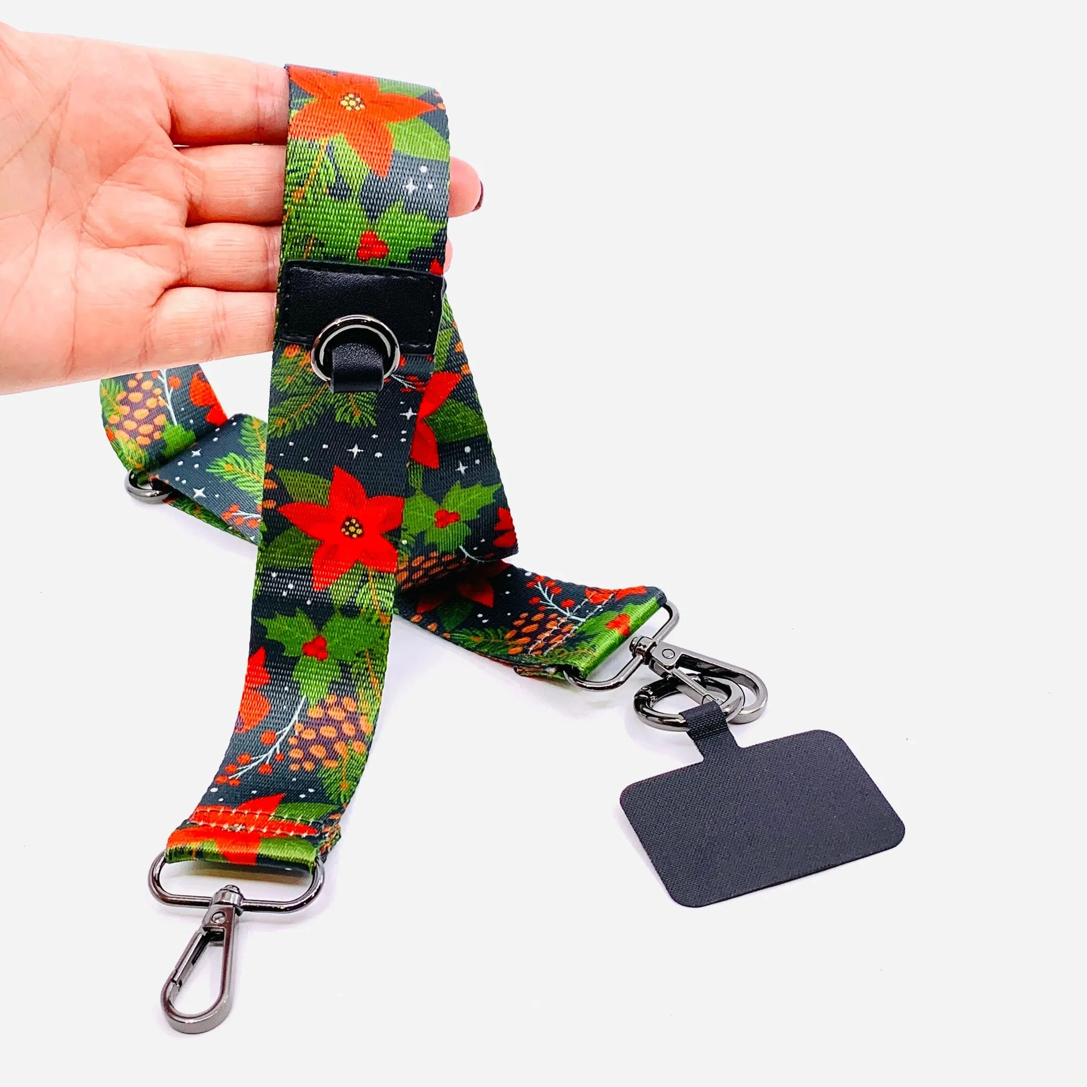 Crossbody Cell Phone Strap, Pinecones & Poinsettias