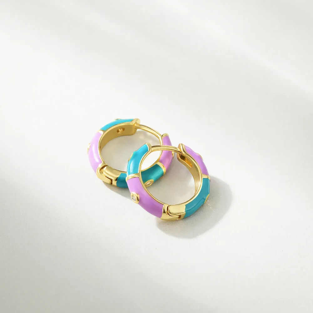 Dainty Dual-color Enamel Small Hoop Colorful Cute Huggie Earrings Color with Blue-Purple