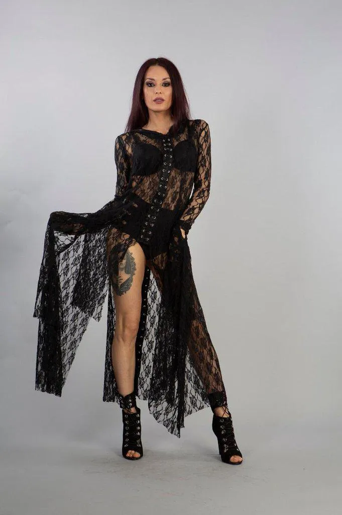 Dracula Long Hooded Dress In Black Lace