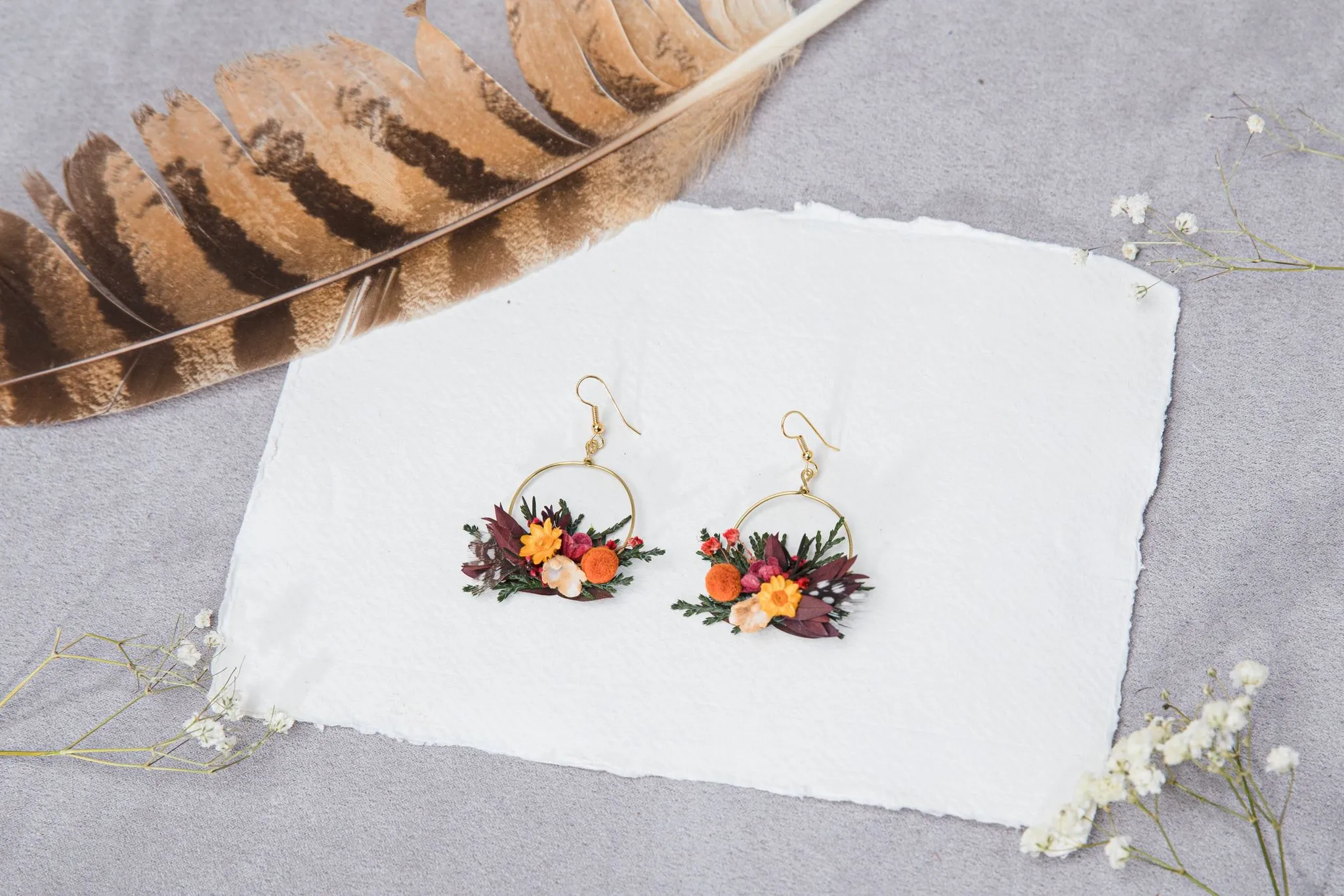 Flower circle dangle earrings Autumn bridal earrings Wedding 2021 Floral earrings Jewelry Bride to be Magaela Hair accessories Gold hook