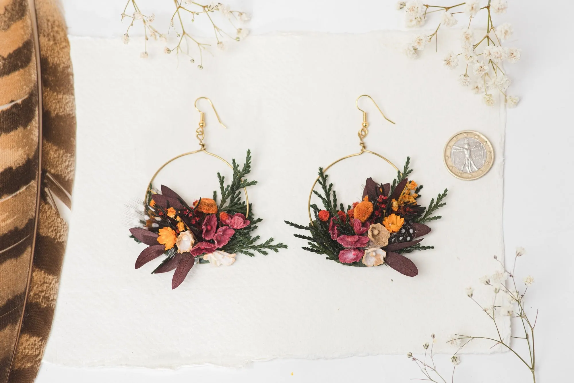 Flower circle dangle earrings Autumn bridal earrings Wedding 2021 Floral earrings Jewelry Bride to be Magaela Hair accessories Gold hook