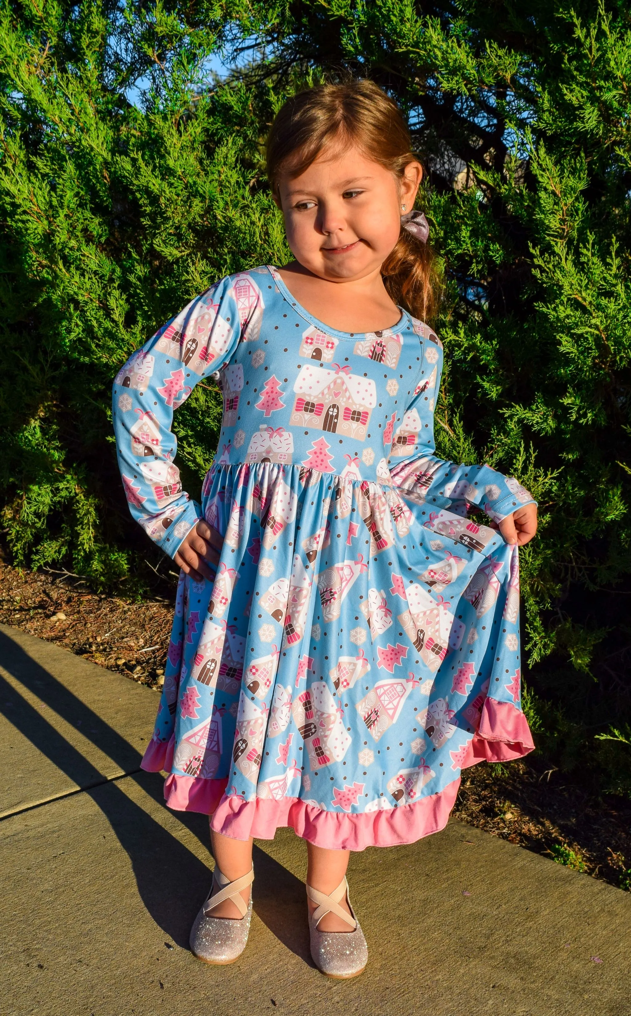 GINGERBREAD HOUSE PINK RUFFLE TWIRL DRESS