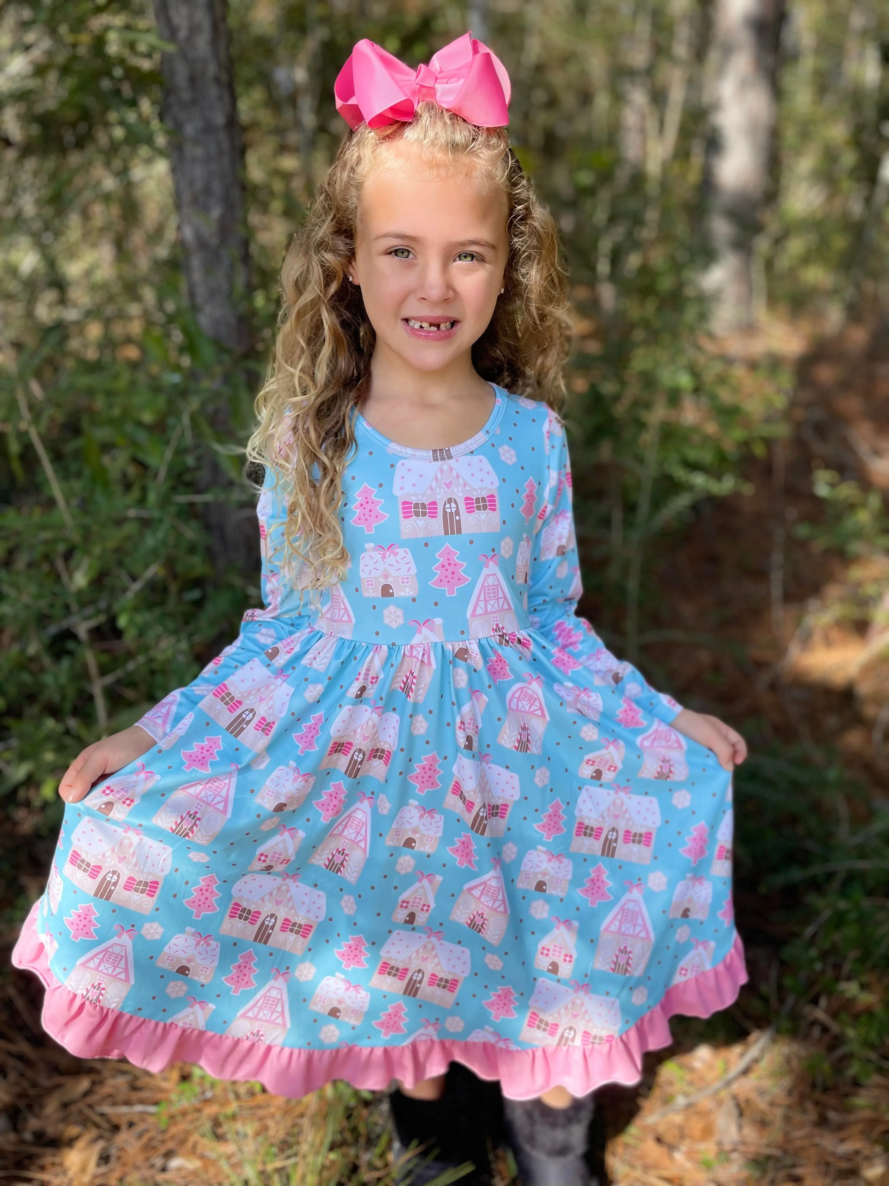 GINGERBREAD HOUSE PINK RUFFLE TWIRL DRESS