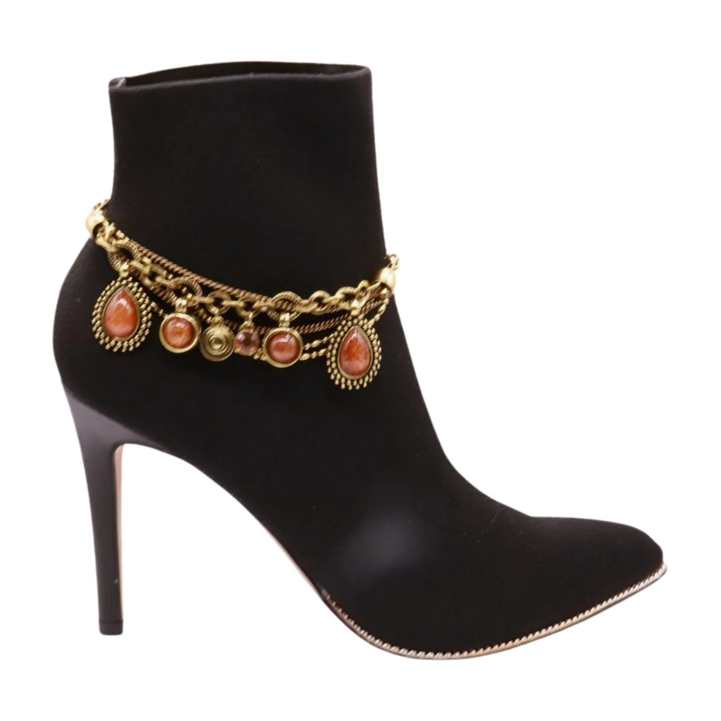 Gold Boot Chain Bracelet Western Shoe Anklet Brown Bead Charm Multi Strand