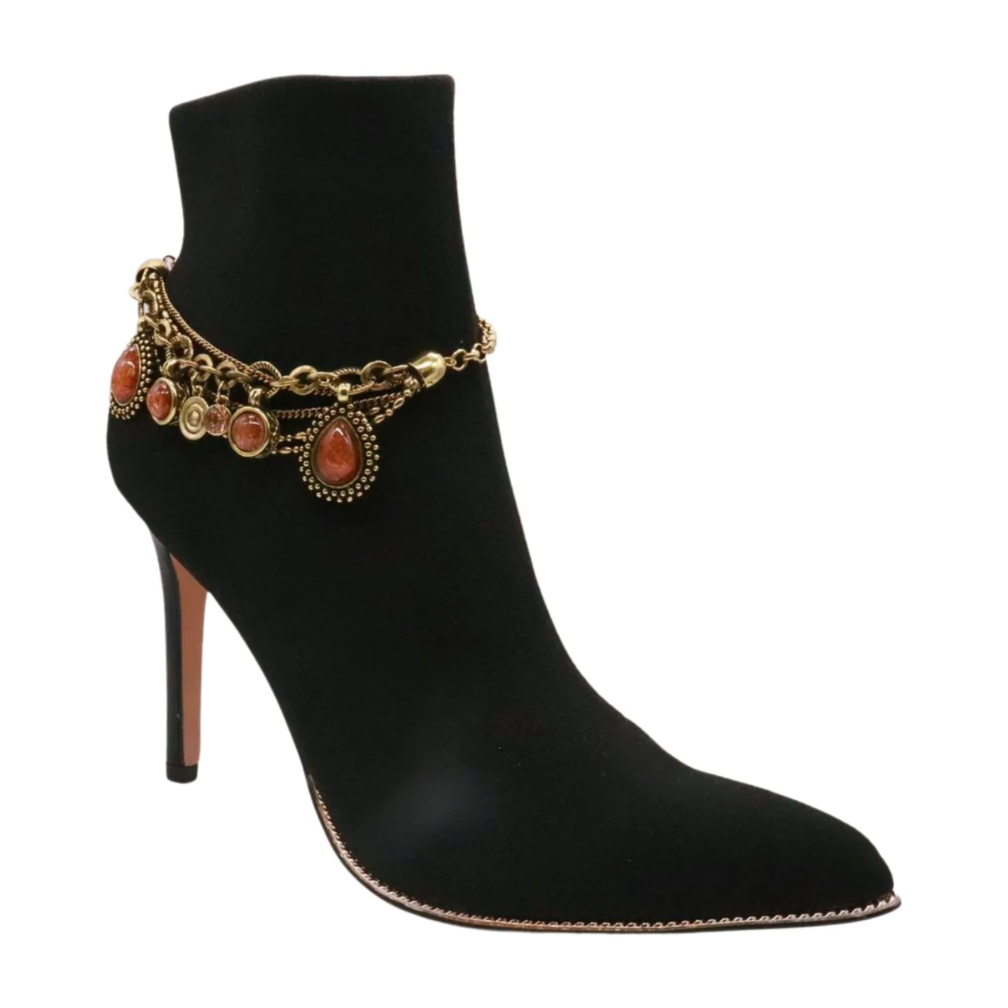 Gold Boot Chain Bracelet Western Shoe Anklet Brown Bead Charm Multi Strand