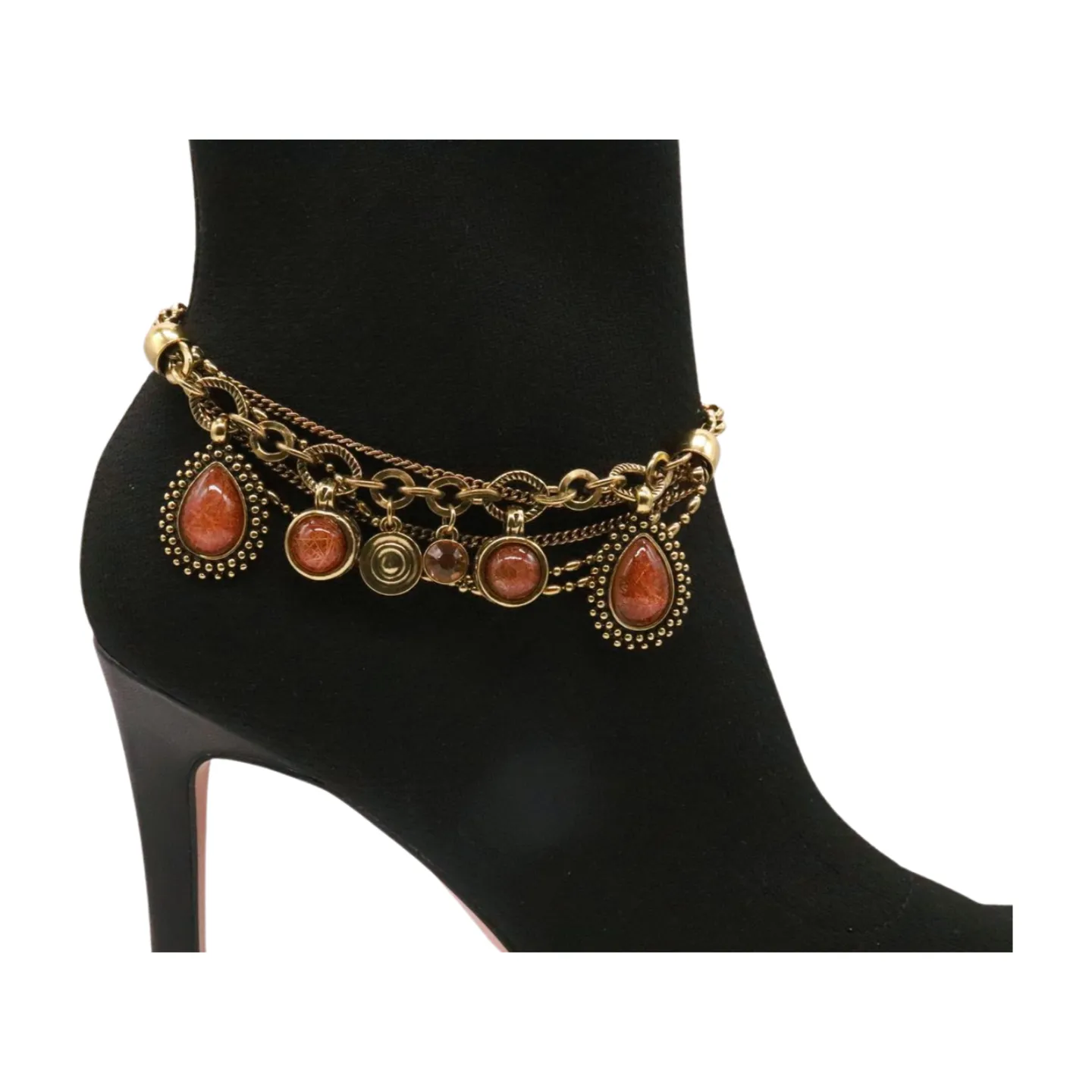 Gold Boot Chain Bracelet Western Shoe Anklet Brown Bead Charm Multi Strand