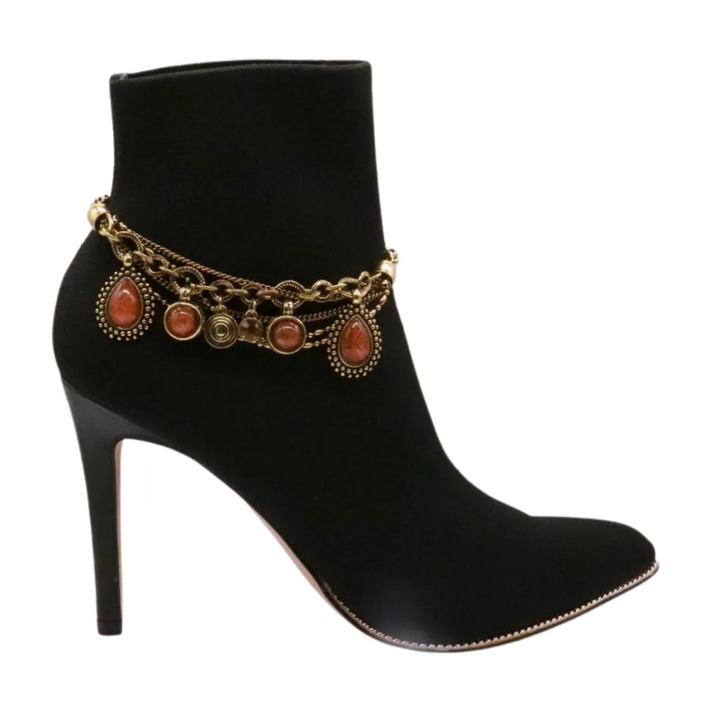 Gold Boot Chain Bracelet Western Shoe Anklet Brown Bead Charm Multi Strand